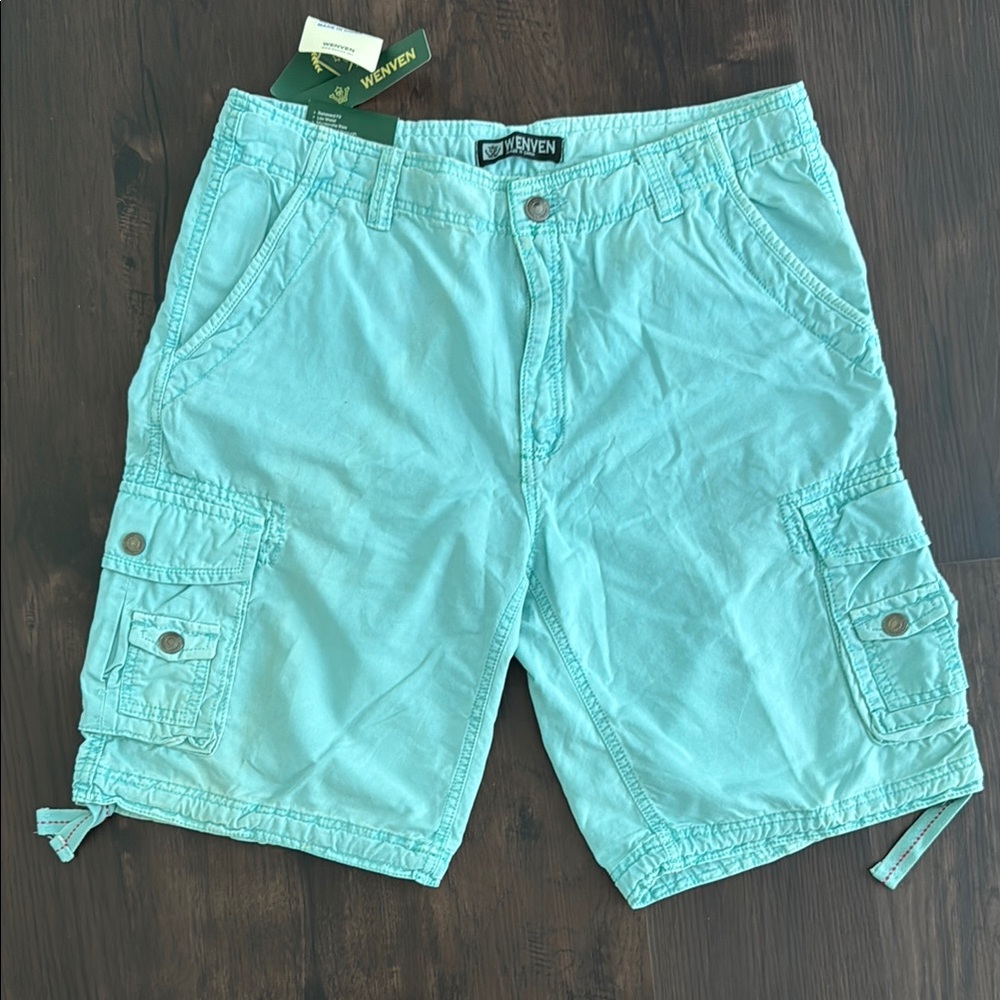 WENVEN MENS CARGO SHORTS 100% COTTON AQUA GREEN WAIST 36 NEW WITH TAGS